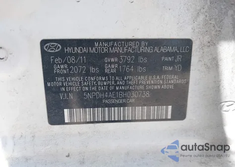 2011 Hyundai Elantra Gls from USA, damaged, VIN 5NPDH4AE1BH030738
